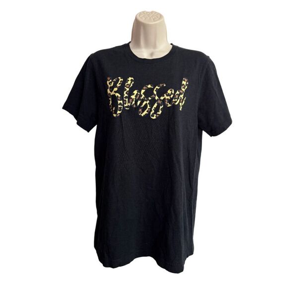 Love in Faith Black Blessed Leopard Print Graphic Tee Shirt Size M - Picture 2 of 8